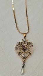 14kt Gold And Dainty Antique/vintage Pearl With RubyPendant Necklace