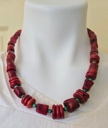 Chunky Coral Beaded Necklace With Tiny Turquoise Spacer Beads And Toggle Clasp