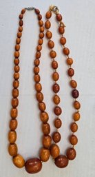 2 Vintage Art Deco Baltic Style Butterscotch Amber Necklaces, Hand Knotted Silk Thread And Yellow Gold Clasp