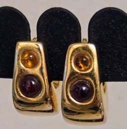 14kt Italian Gold Horseshoe Hoops With Polished Amber And Garnet Stones