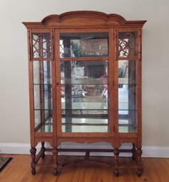 Antique Oak Lighted Curio China Cabinet With Two Keys