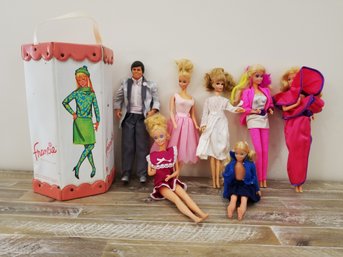 Vintage 1965 Mattel Francie Barbie's Modern Cousin Pink Hexacon Case & 7 Ken & Barbie Dolls