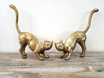 Adorable MCM Pair Of Large Solid Brass Cat Figurines With Raised Tails & Arched Backs