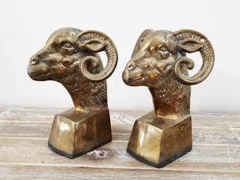 MCM/vintage 1950s Pair Of Solid Brass Rams Head Bookends