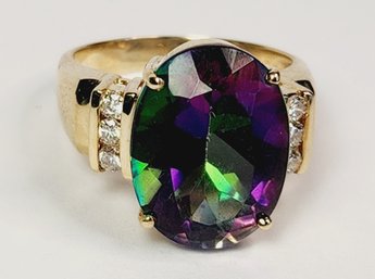 Stunning 14k Yellow Gold Mystic Topaz Huge Gemstone And DIAMOND Ring