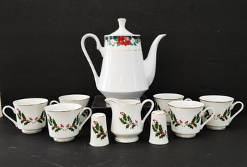 Tienshan Deck The Hall China Teapot &  All The Trimmings Porcelain Coffee Cups, Salt/pepper Shakers