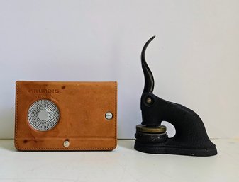 Grundig F.A. Porsche FM Radio With Leather Case &  A Vintage Professional Dryseal Cast Metal Stamp