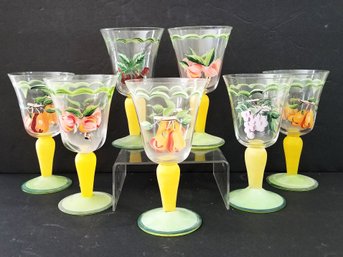 Set Of 7 Unique Colorful Hand Painted Glass Wine Goblets