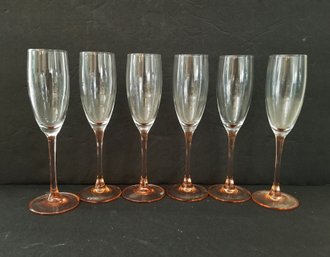 Lovely Mid-Century French Pink Stemmed Champagne Flutes - Set Of 7