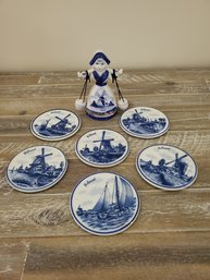 Vintage Delft Holland Porcelain Coasters & Dutch Girl Figurine