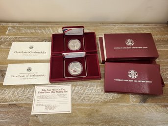 Two 1988 United States Mint Olympic Silver Proof Coins With COA's