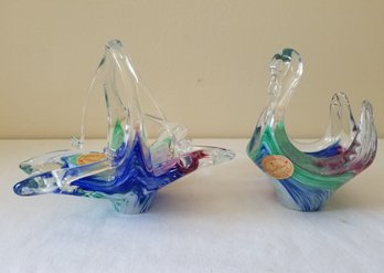 Vintage Multi-Color Handblown Glass Italian Murano Swan Candy/trinket Dish & Basket