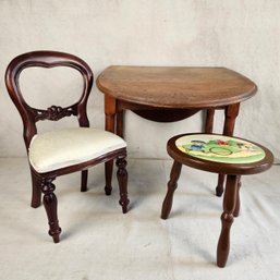 Doll Dining Table, Chair, And Stool