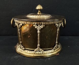 Vintage English Brass Tea Biscuit Caddy With Intricate Columns, Hinged Lid & Ring Handles