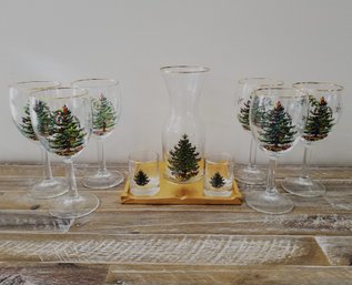 Vintage SPODE CHRISTMAS TREE Lot: 6 Wine Glasses, 2 Shot Glasses & .5 Liter Carafe