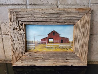 1980 Estelle Pruitt Texas Artist - Red Barn Farm Painting Art Print In Rustic Wood Frame