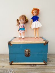 Vintage Colorful Doll Clothing Trunk Carrying Case With Two Dolls & Clothes