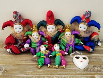 Vintage Selection Of Various Size Porcelain Mardi Gras Gambina Clown Jester Dolls By GANZ