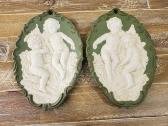 Two Vintage Sage Green & White Jasperware Cherub Motif Wall Plaques