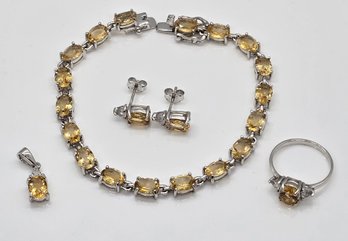 Brazilian Citrine, White Topaz Ring, Earrings, Bracelet & Pendant In Platinum Over Sterling