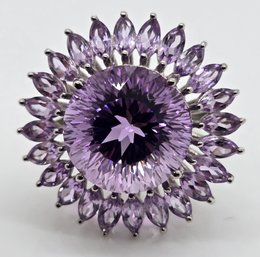 Stunning Rose De France 120 Facets Amethyst Sunflower Ring In Platinum Over Sterling