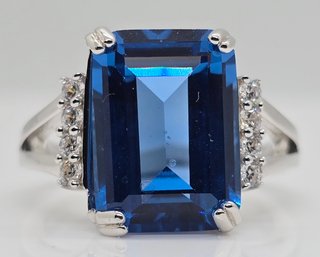 Blue Spinel, White CZ, Rhodium Over Sterling Ring