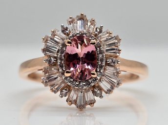 Premium Blush Tourmaline, White Zircon Ring In Rose Gold Over Sterling