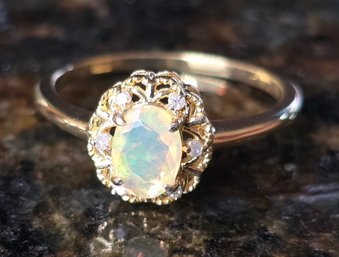 Amazing Color Opal & Diamond, 18k Yellow Gold Over Sterling Ring