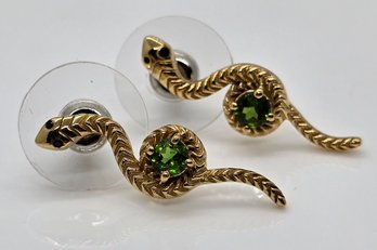 Chrome Diopside, Black Spinel Snake Earrings In Yellow Gold Over Sterling