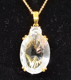 Concave Cut Prasiolite, White Topaz Pendant Necklace In Yellow Gold Over Sterling