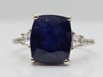 Blue Sapphire, White Zircon Ring In Platinum Over Sterling