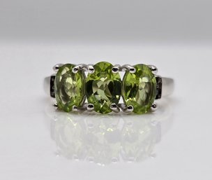 Peridot, Natural Champagne Diamond Accent 3 Stone Ring In Platinum Over Sterling