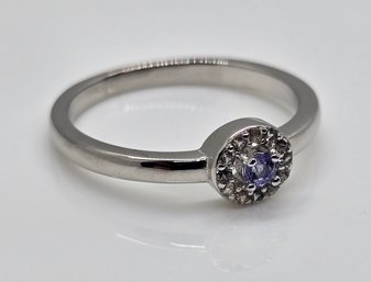 Blue Tanzanite, White Zircon, Rhodium Over Sterling Ring