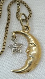 14 KT Gold 'Michael Anthony' Moon Pendant On A Vintage 'Danecraft' Sterling Silver Gold Plated Chain