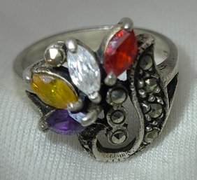 Vintage Sterling Silver Size 8 Stunning Multi Color Rhinestone Ring ~ 4.66 Grams