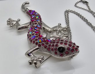 Multi-Color Austrian Crystal Lizard Brooch Or Pendant With Stainless Chain