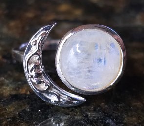 White Rainbow Moonstone Moon Ring In Sterling