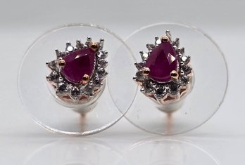 Beautiful Ruby & Zircon Sunburst Stud Earrings In Rose Gold Over Sterling