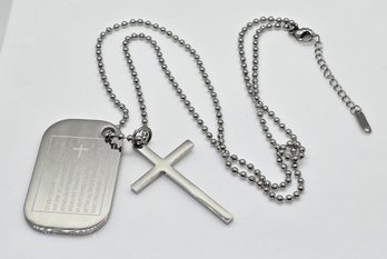 Cross With Lords Prayer Dog Tag Pendant Necklace In Stainless