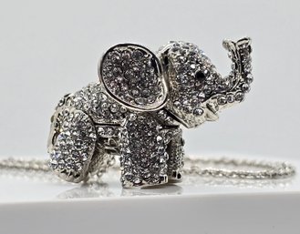 White Austrian Crystal Elephant Pendant Necklace With Movable Ears, Feet & Tail In Silvertone