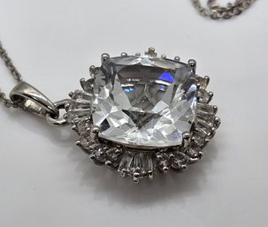 White Topaz Halo Pendant Necklace In Platinum Over Sterling