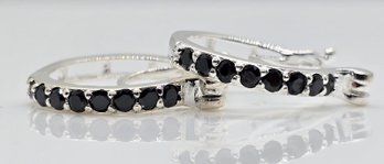 Faux Black Diamond Hoop Earrings In Sterling