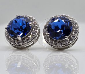 Swarovski Sapphire Color Crystal Faux Diamond Stud Earrings In Platinum Over Sterling