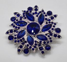 Blue Austrian Crystal, Blue Glass Floral Belt Buckle In Silvertone