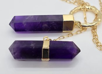 Amethyst Pencil Shape Pendant Necklace In Gold Tone