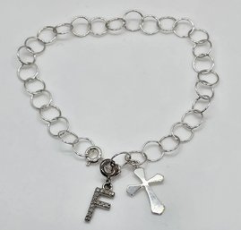 Sterling Silver Chain Bracelet With Cross Charm & Removable F Diamond Charm