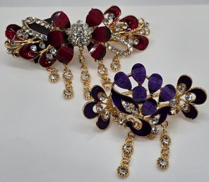 Red & Purple Resin, Austrian Crystal Enameled Hair Clips