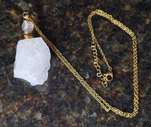 White Crystal Quartz, Perfume Bottle Pendant In Goldtone With Plated Yellow Gold Stainless Chain