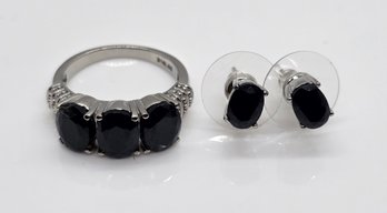 Sapphire 3 Stone Ring & Stud Earrings In Stainless