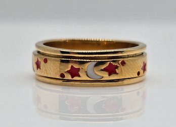 Size 5 Enameled Moon, Star Spinner Ring In Sterling